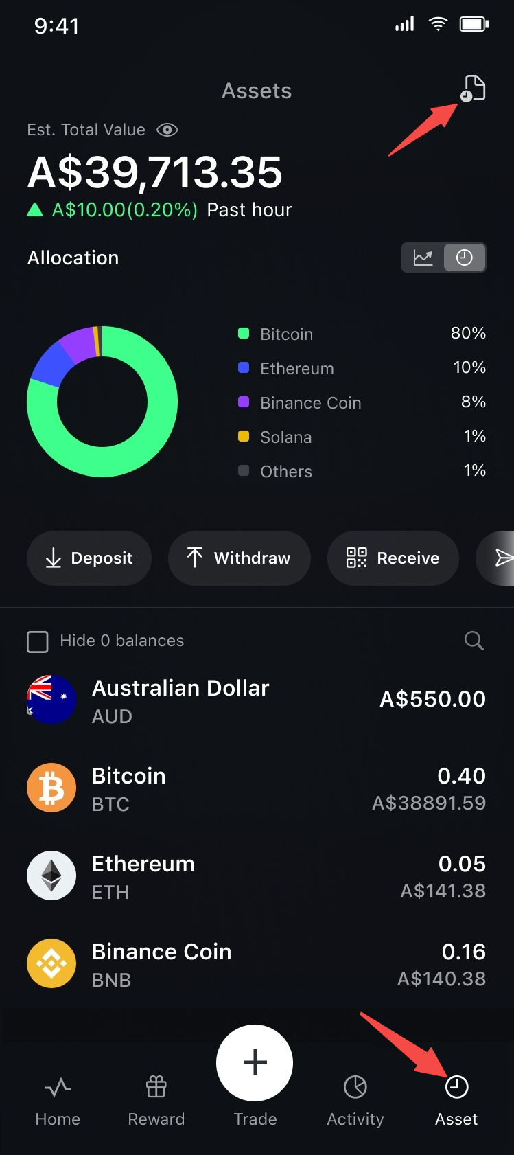 Select transaction history from assets page
