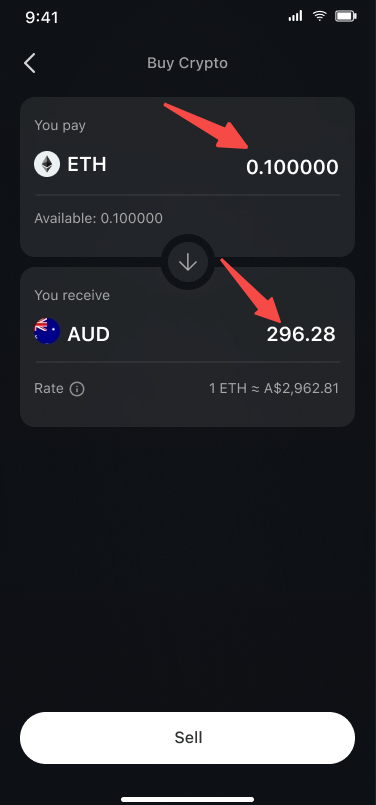 Sell crypto input BTC/AUD
